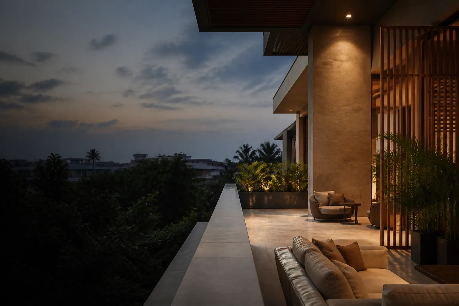 Welcoming contemporary terrace in Accra at dusk