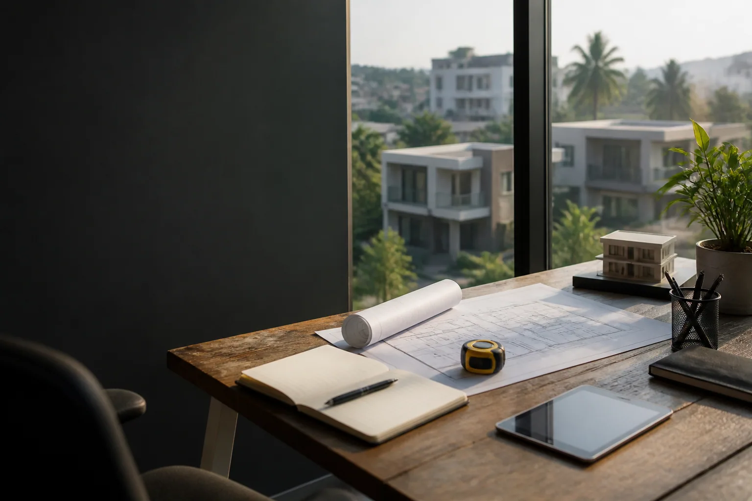 Property valuation workspace overlooking an Accra neighbourhood